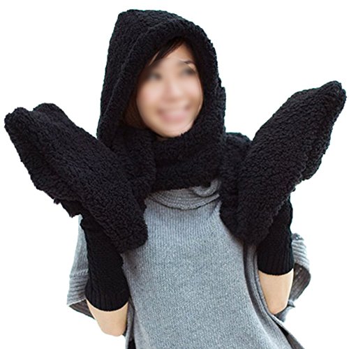 TOOGOO(R) Femmes Epais Gant Chapeau Bonnet Capuche Plush Echarpe Chale Earflap Hat Gloves Noir