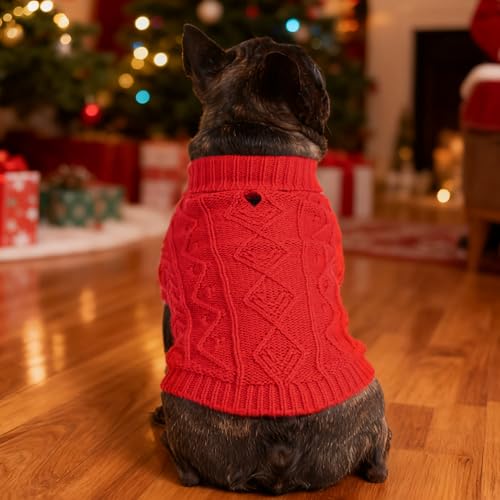 Image of PUPTECK Dog Sweater, Turtleneck Warm Knitted Pullover Coat, Thick Cable Knitwear Clothes in Winter, Pet Apparel Outfits for Large Dogs, for Cold Weather Indoor & Outdoor, Red L