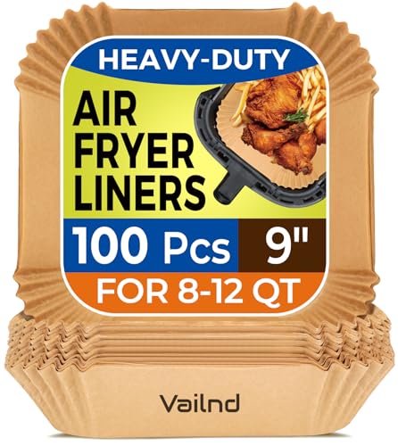 Vailnd Air Fryer Liners Disposable, 100Pcs 9 Inch Max Xl Large Cooker Airfryer Paper Liners, Oil Proof Parchment Sheets Square Basket Baking Liner for 8/10/11/12 QT Air Fryer Microwave