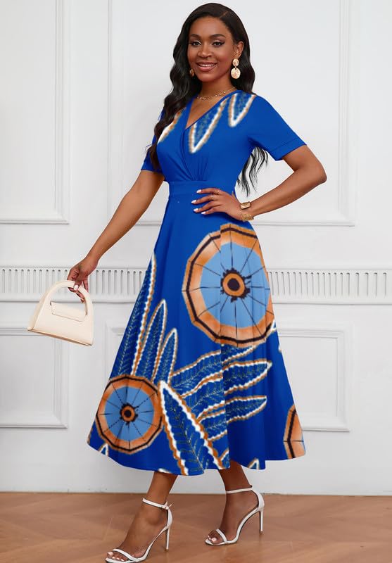 Image of MarryUP Women's Midi Dresses - V Neck Cocktail & Church Tea Dresses - Short Sleeve A-Line Swing Dress