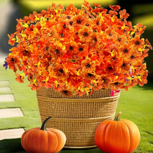 Satefello Artificial Fall Flowers for Outdoors, 10 Bundles Artificial Plants UV Resistant Fall Fake Plants for Outside Halloween Christmas Porch Decoration Fall Decor(Orange(Eucalyptus)) - image 7