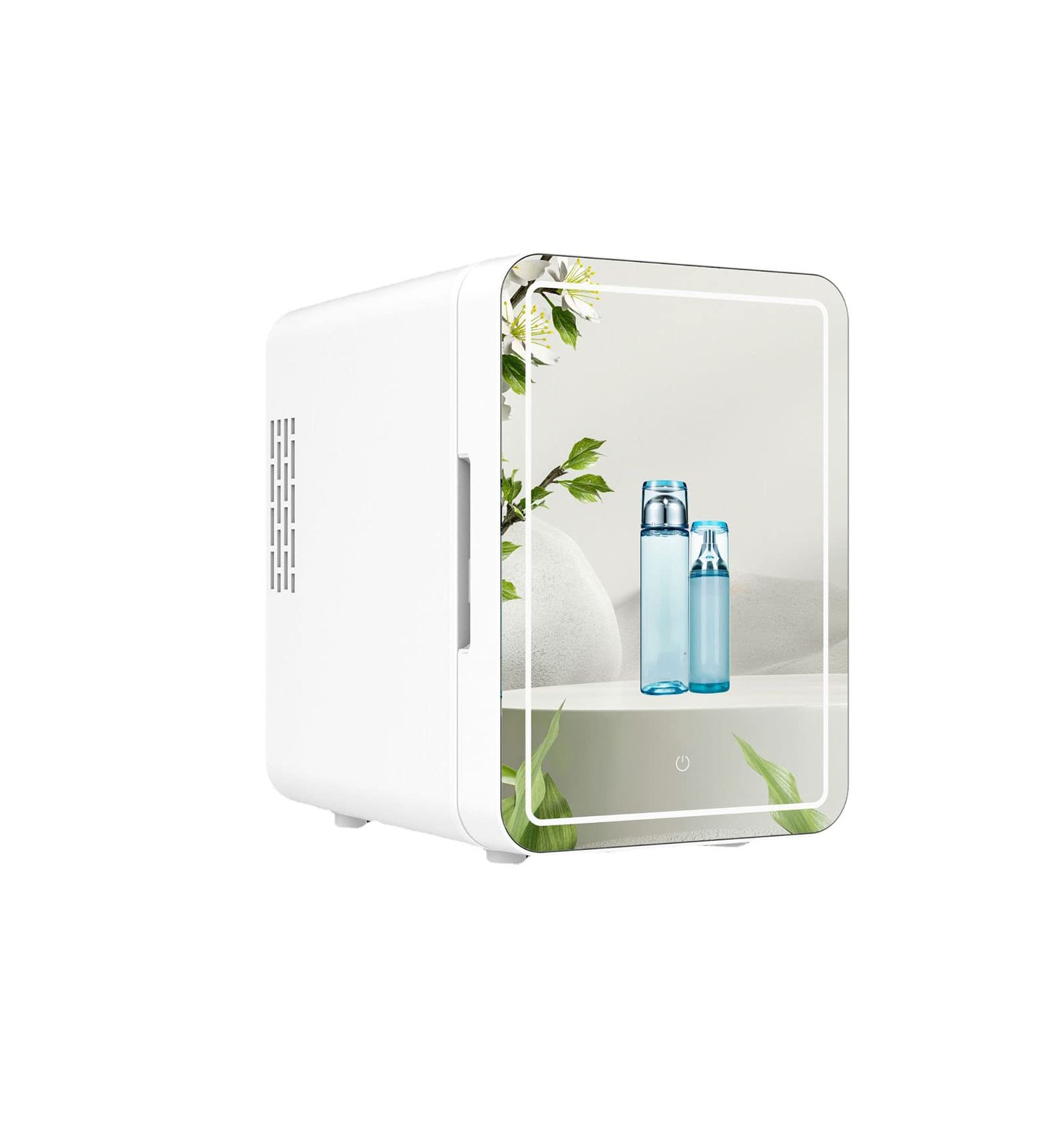Skincare Nevera portátil termoeléctrica de 12 V CC con puerta de cristal, espejo y luz para cosméticos de dormitorio y oficina