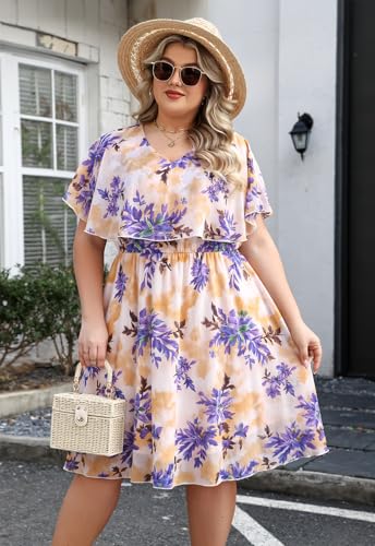 Image of Keluummi Plus Size Wedding Guest Dress for Curvy Women, Boho Floral Empire Waist Midi with Sleeve