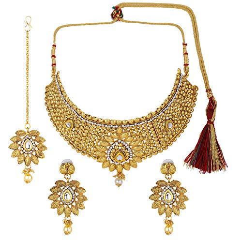 Efulgenz Indian Bollywood Traditional 14 K Gold Plated Kundan Pearl Wedding Choker Necklace Earrings Maangtikka Jewelry Set