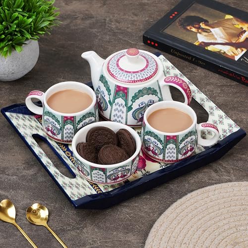Image of CRAF10 Ceramic Handcrafted Flora and Fauna Small Tea Set - 1 Kettle (350 ML), 2 Cups (160 ML), 1 Bowl (for Sugar or Snacks), 1 Tray | Microwave & Dishwasher Safe | Teapot | Gifting Option