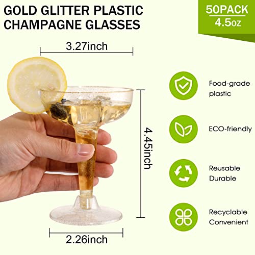 Pulote 50 Pack Plastic Champagne Flutes-Gold Glitter Plastic Champagne Glasses 4.5 Oz-Plastic Champagne Glasses For Wedding&Party- Plastic Champagne Coupe-Plastic Cocktail Glasses For Home&Daily Life #TOP1