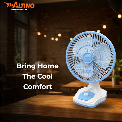 Image of Altino Premuim Powerful Oscillation Table Fan for Home & Office| High Air Delivery| Anti-Dust Decorative Star Rated Table Fan | 3 Speeds | Easy to Clean, 1 Yr Warranty (Blue White, 12 Inch)