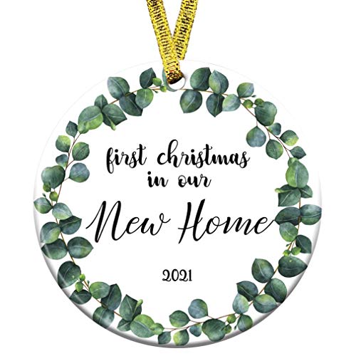 Kooer Our First Christmas in Our New Ornament 2021 Eucalyptus Newlyweds 3" Circle Porcelain Ceramic Wedding Ornament (Green Leaves New Home)