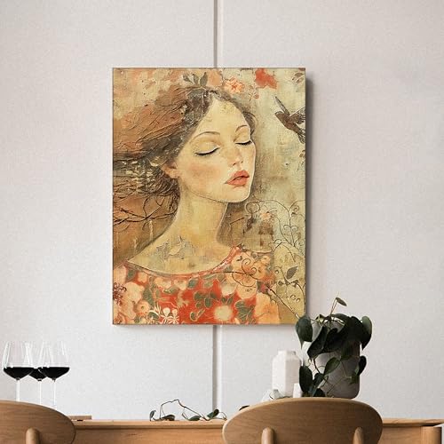 Image of PAINTINGMANTRA Abstract Dreamlike of Women and Nature in Orange, Red, and Brown | Digital Painting On Canvas Stretched on Wood | Suitable for Living Room, Bedroom, Office Decor (16x22 Inch)