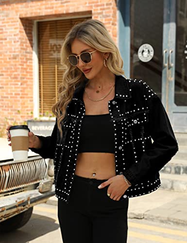 Gozoloma Women's Denim Jackets Long Sleeve Rock Jeans Jacket Punk Coat Oversized Top(0080-Black-L) #TOP3