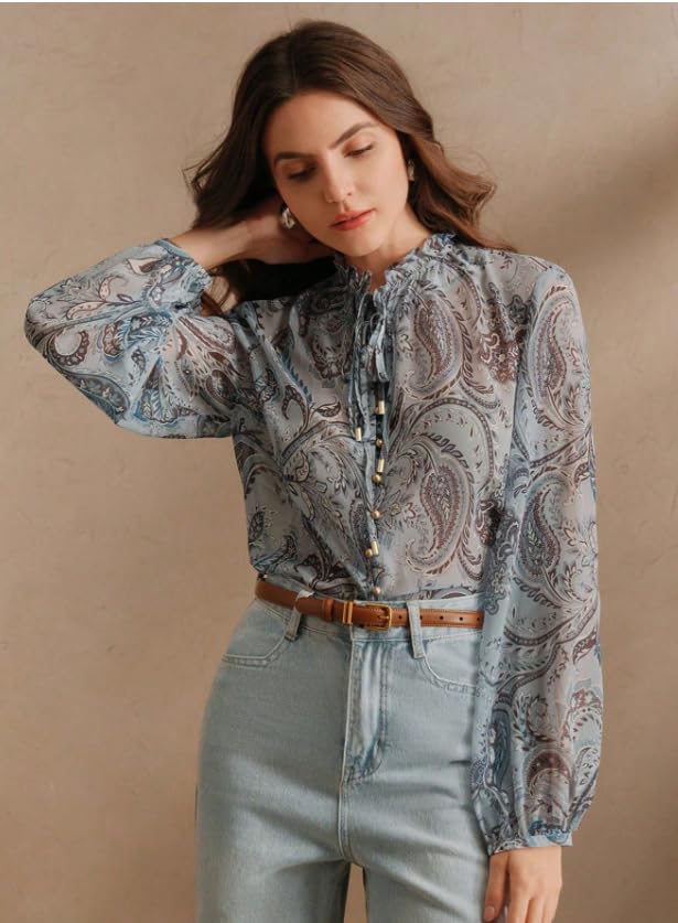 Image of Women Shirt ||Women Top || Cecily Paisley-Trim Button-Front Shirt (S-01-04)