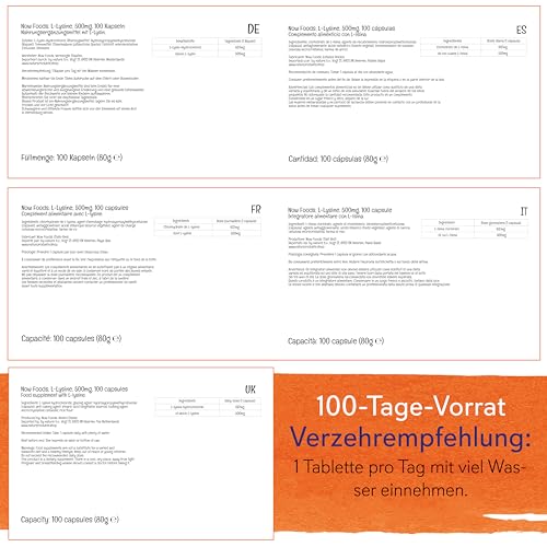Now Foods, L-Lysine, 500mg, 100 vegane Kapseln, Aminosäure, Laborgeprüft, Glutenfrei, Sojafrei, Gentechnikfrei, Aminosäure L-Lysin