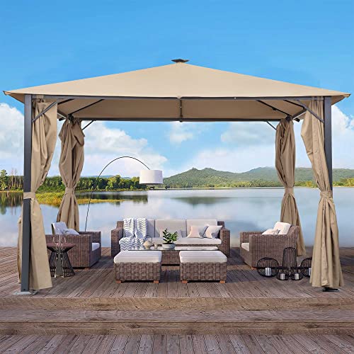 HYD-Parts 10x10 Feet Outdoor Steel Gazebo Terrace Outdoor Gazebo Tent with Removable Curtains and Solar Lights for Terrace Lawn and Garden