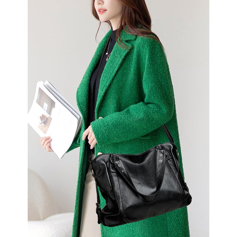 Grand Sac a épaule pour Femme Sac a Main portés épaule avec bandoulière Sacs à Main Hobo Sacoche en Cuir PU Sac bandoulière pour DamesMère Sac Cabas Noir