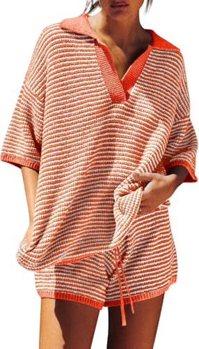 Image of Tankaneo Womens Sweater Set 2 Piece Outfits Oversized 3 /4 Sleeve V Neck Knit Tops High Waisted Shorts Lounge Sets