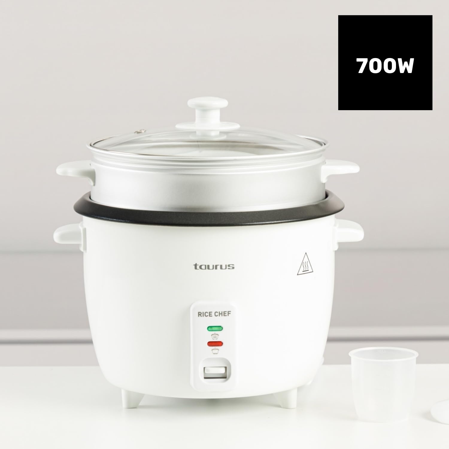 Taurus Rice Chef - Arrocera. 700W. Capacidad 1.8L. Revestimiento antiadherente. Función de cocción y mantenimiento del calor. Accesorio cocción al vapor. Blanco