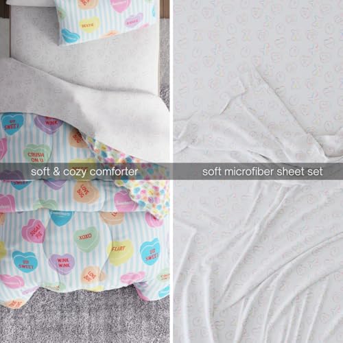 Image of Sweethearts Original Candy Hearts Bedding 5 Piece Twin Bed Set, Soft Cozy Nostalgia Reversible Comforter and Sheet Set with Sham, Officially Licensed Product By Franco