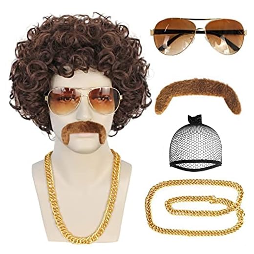 ANOGOL 5Pcs Set Afro Wig For Men Short Brown Curly Wig Disco Wigs 70'S Wig For Men 80'S Wig Borat Wig 80S Costumes For Men Disco Wig For Halloween Jerry Curly Wig Afro Wig For Rocker Costume Set Wig For Cosplay Party{Hair Cap+Wig+Mustache+Necklace+Glasses}