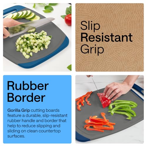 Image of GORILLA GRIP BPA-Free Reversible Kitchen Cutting Board Set of 3, US Designed, Nonporous, Juice Grooves Catch Liquid, Slip Resistant Border, Dishwasher Safe, Durable Food Chopping Boards, Gray Blue