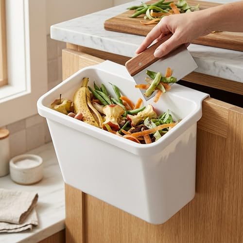 Image of Hanging Kitchen Trash Can for Cabinet Door, Wall Mount Food Waste Bin, Under Sink Garbage Container, Space Saving Plastic Dustbin for Kitchen, Bathroom & Office