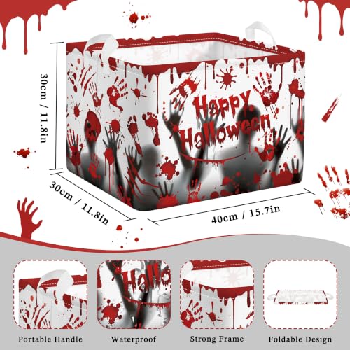 Image of Clastyle Large Spooky Halloween Baby Gift Basket Stuffers Boy Girl Pumpkin Bat Graveyard Boo Nursery Bin Kid Book Toy Box Collapsible Clothes Organizer for Bedroom, Blood Hand, 40 * 30 * 30 cm