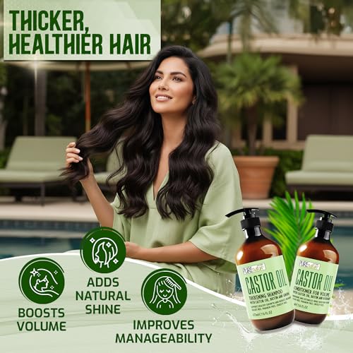 Image of Castor Oil Shampoo and Conditioner Set - Sulfate Free - Volume Thickening Products for Fine, Thinning Hair - Anti Breakage and Volumizing, Thick Professional Salon Formula - 16 Fl Oz (Set of 2)