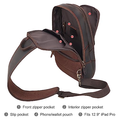 TIDING Men's Vintage Leather Crossbody Sling Bag Outdoor Travel Chest Bag Shoulder Daypack Fits 12.9" iPad3