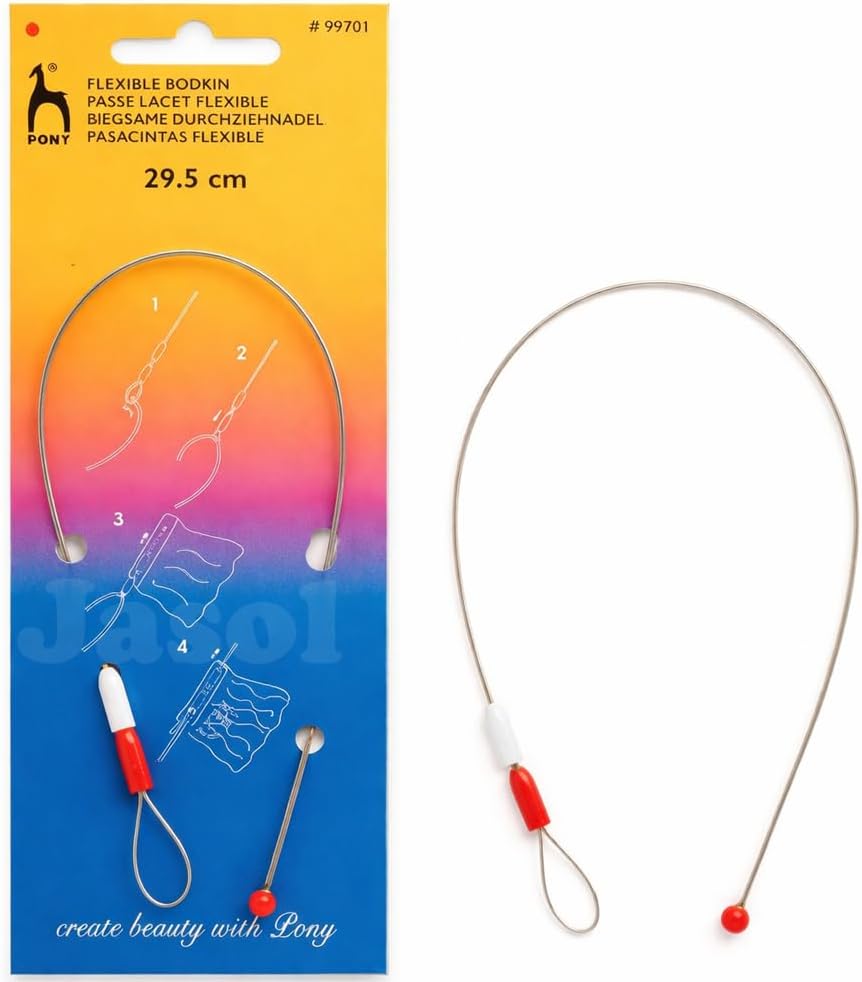 Jasol Flexible Pony Bodkin Sewing Tool for Elastic & Drawstring Insertion, 29.5 cm Long Braided Wire with Adjustable Loop & Safety Tip, Silver, Pack of 1