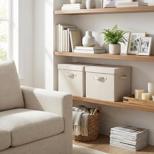Image of StorageWorks Storage Bins with Lid, Decorative Fabric Storage Bins with Handles, Stackable Closet Organizers for Shelves and Bedroom, Large, Khaki and Beige Stripes, 2-Pack