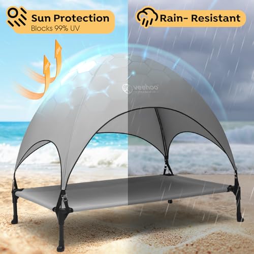 Veehoo-Elevated-Dog-Bed-with-Canopy-Cooling-Outdoor-Dog-Bed-with-Removable-Shade-Non-Slip-Feet-Raised-Dog-Cot-Bed-for-Large-Dogs-Dog-Tent-Bed-for-Camping-Beach-Large-Grey-CWC2411A Veehoo Elevated Dog Bed with Canopy Cooling Outdoor Dog Bed with Removable Shade Non Slip Feet Raised Dog Cot Bed for Large Dogs Dog Tent Bed for Camping Beach Large Grey CWC2411A
