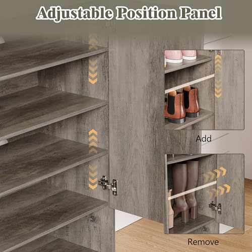 Image of Shoe Cabinet Storage for Entryway, 5 Tier Fluted Shoe Storage Cabinet with Wooden Legs, Narrow Hidden Shoe Organizer with Adjustable Shelves, Freestanding Shoe Rack for Entryway, Hallway, Grey