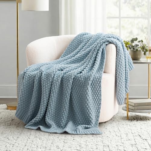 EVERGRACEHOME Chunky Chenille Knit Throw Blanket for Couch Soft Luxurious Moss Stitch Blankets for Bed Cozy Decorative Farmhouse Knitted Throws for Sofa Chambray Blue 50 x 60
