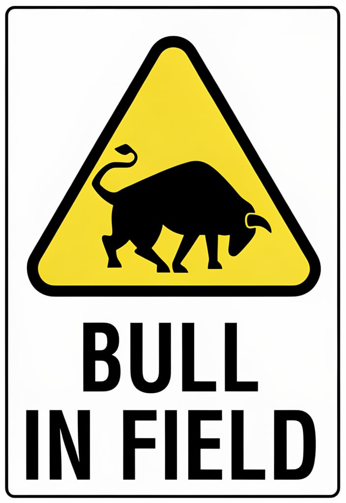 peiyeety Bull In Field Warning Tin Sign 12x8 Inch, Yellow Caution Triangle Farm Decor Metal Wall Plaque, Rustic Ranch Barn Yard Safety Sign, Funny Western Home Garage Man Cave Gift
