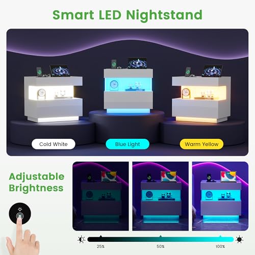 Image of HNEBC White LED Nightstand with Gun Drawers&USB-C Port&Lights for Bedroom | Bedside table,Motion‑Sensor 3‑Color Lighting, Hidden Storage Compartment, USB, Type‑C Charging Station,Hight-Gloss