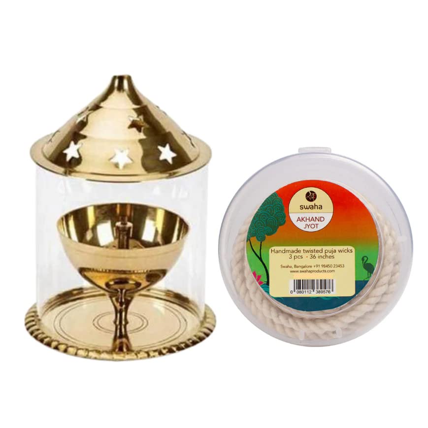 Swaha Brass Udupi Lamp 30ml & Akhand Jyoth Long Wicks(3pcs) Combo | Akhand Jyoth Lamp for Illumination | Decorative Lamp Adding a Traditional Touch to Your Home or Office.