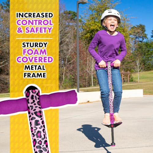 Image of Flybar Jolt Pogo Stick for Kids, Perfect for Beginners w / Foam-Covered Metal Frame, Handles & Padding, Non-Slip Foot Pads, Wide Tip, Outdoor Active Play Toy for Boys & Girls, Ages 6+, Leopard