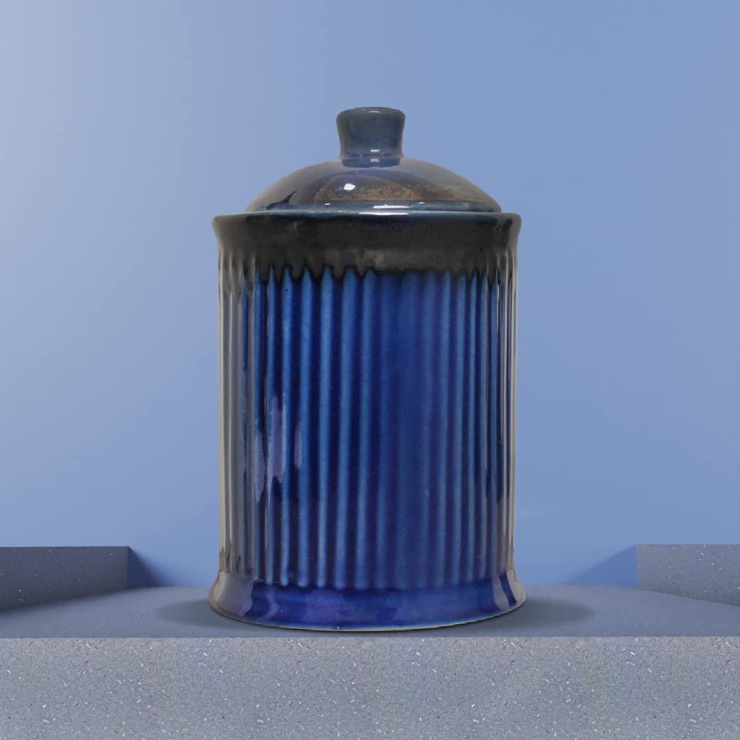 The Earth Store 700ML Fringe Blue Multipurpose Ceramic Jar/Barni with Lid for Cookies, Nuts, Pickle Spice Jar Kitchen Home Crockery (Set of 1)