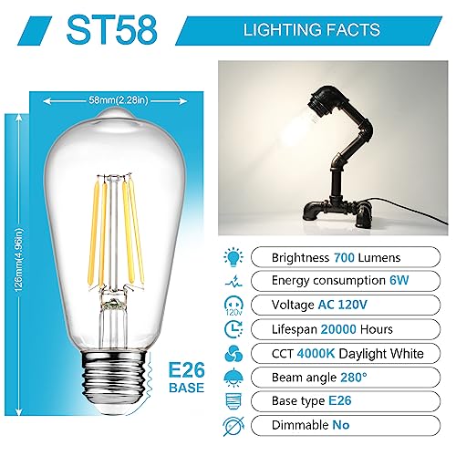Ascher ST58-XSXW-WHITE-4000K Vintage Led Edison Bulbs, 6W, Equivalent 60W, High Brightness Daylight White 4000K thumb #1