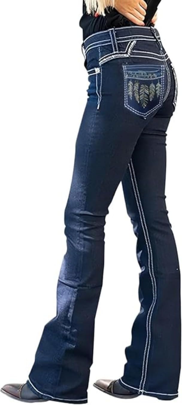 Jeans de corte de bota para mujer, elásticos con bordado de plumas y flores, tiro medio, pantalones de pierna recta