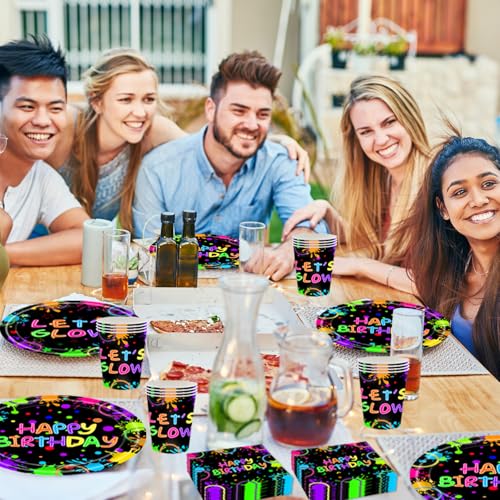 Happy Brithday Neonfarbenes Partygeschirr Set,Bunte Glow Partyteller und Servietten Geburtstag Party Deko Set für Geburtstagsdeko Junge Mädchen Partys,10 Gäste