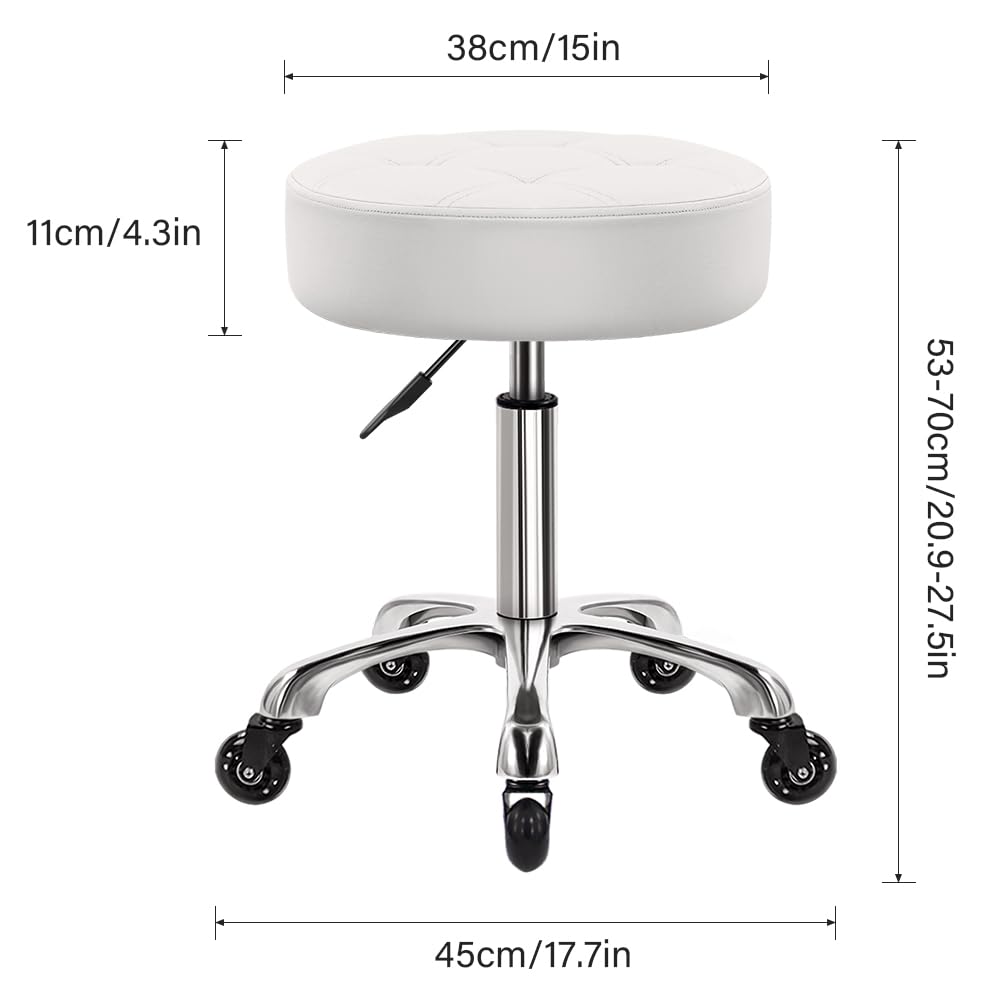WKWKER Taburete de Oficina con Ruedas de 11 cm más Grueso, Giratorio, Ajustable, de Piel sintética, para Cocina, salón, Oficina, Masaje, Color Blanco