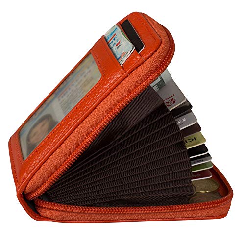 Image of Credit Card Case Organizer Genuine Leather Zip-Around Security Wallet Orange