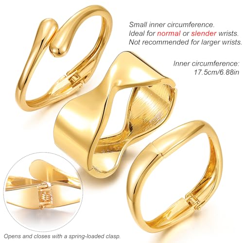 KISS WIFE 3 Pcs Chunky 14k Gold Plated Bangle Bracelets for Women, Dainty Stackable Cuff Set with Open Spring Buckle, Trendy Layered Design, Ideal for Thin Wrists, Fashion Jewelry Gift4
