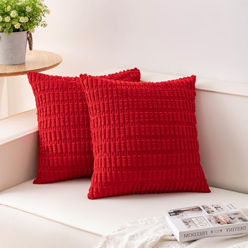 Aegero Pack of 2 Christmas Red Corduroy Decorative Throw Pillow Covers 18x18 InchSoft Boho Striped Pillow Covers Modern Farmhouse Home Decor for Sofa Living Room Couch BedRed