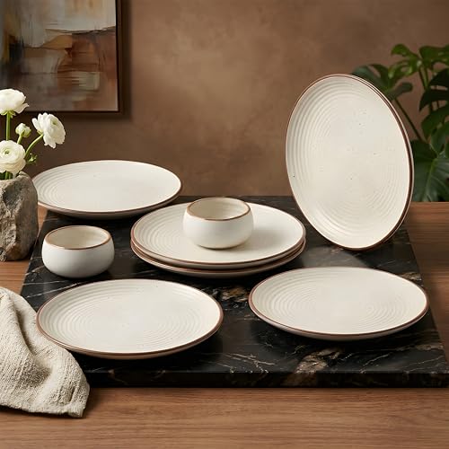 Image of miah decor Quarter Plates Ceramic Set of 6 with 2 Dip Bowls (160ml) - Off White Ribbed Design | Handmade Stoneware Side Plates for Snacks & Dessert | Microwave & Dishwasher Safe | Matte Finish