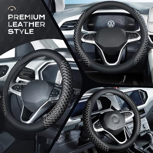 Image of Coverado Car Steering Wheel Cover, Nappa Leather Black & Grayline Steering Wheel Covers, Universal 14-15 inch, Anti-Slip, Breathable Steering Wheel Protector for Women Men