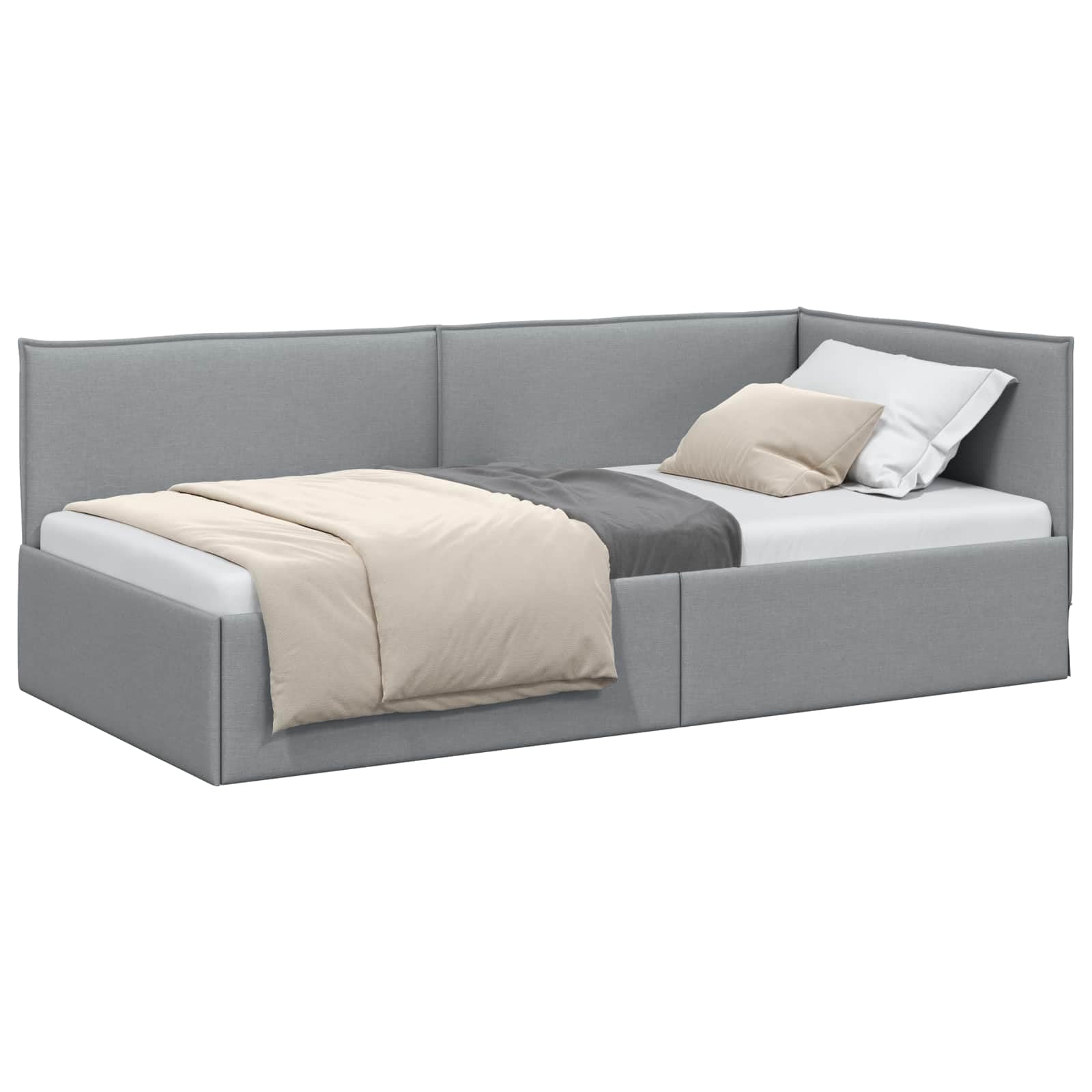 Tkanina oddychająca narożna z drewna inżynieryjnego Jasnoszary 80 x 200 cm | Rama łóżka narożnego Jasnoszary 80 x 200 cm tkanina z listwami, sofa tapicerowana do sypialni, L-kształtna platforma