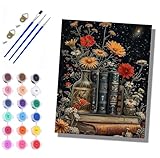 ZLLZHANG Pintura por Números para Adultos Kit de Pintar por Números Flores y libros bajo las estrellas con 3 Pinceles y Pinturas Decoración de Pared del Hogar Sin Marco 40x50 cm
