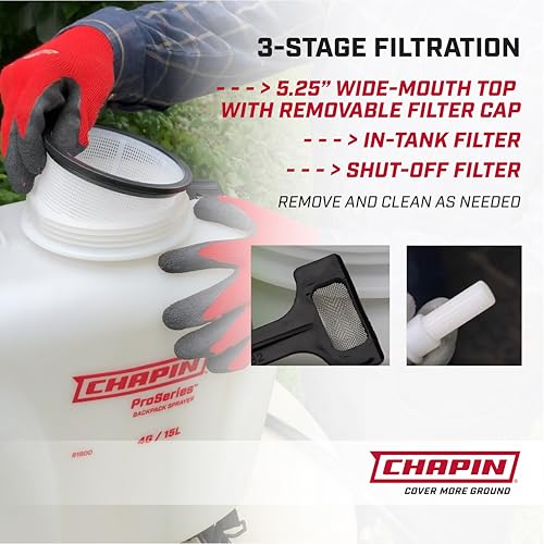 Chapin 61800 4-Gallon Made in USA Professional Backpack Sprayer with Brass Adjustable and Poly Fan/Cone Nozzles, Cushion Grip Shut-Off, 3-Stage Filtration System, Translucent White