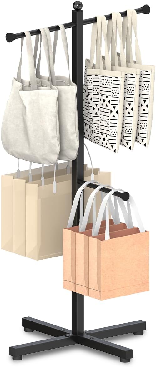 Ansionsol 42-48 Inch Adjustable Height Heavy Duty Metal T-Shaped Shopping Bag Rack - 4 Arms Black Grocery Holder for Stores, Malls, Home